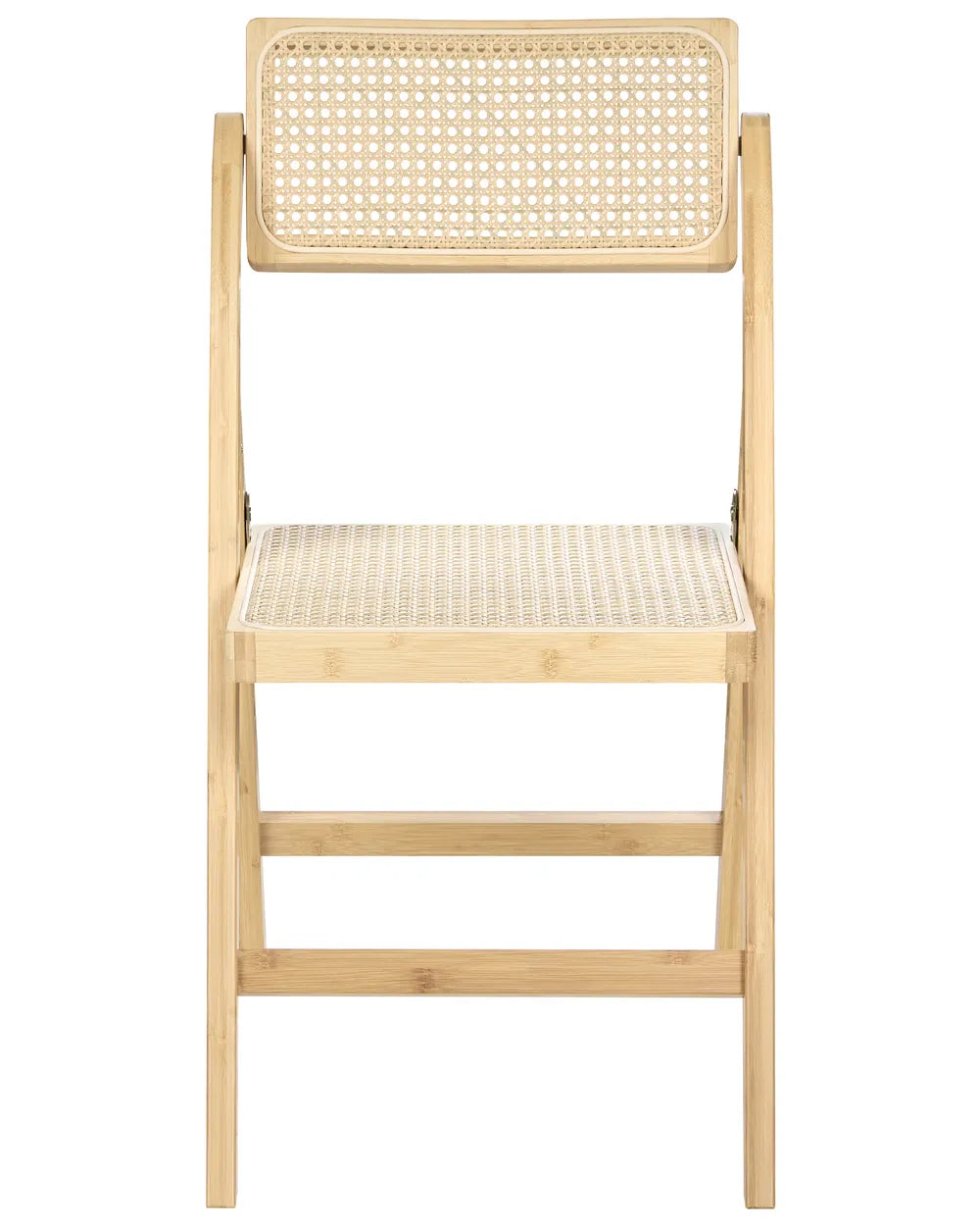 Light wood folding chair with a woven cane backrest and seat, featuring a slim frame and natural finish, shown on a clean white background.