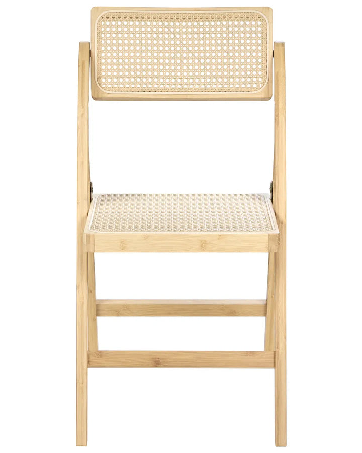 Light wood folding chair with a woven cane backrest and seat, featuring a slim frame and natural finish, shown on a clean white background.