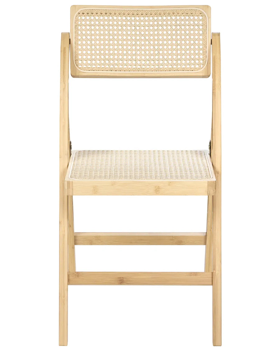 Light wood folding chair with a woven cane backrest and seat, featuring a slim frame and natural finish, shown on a clean white background.