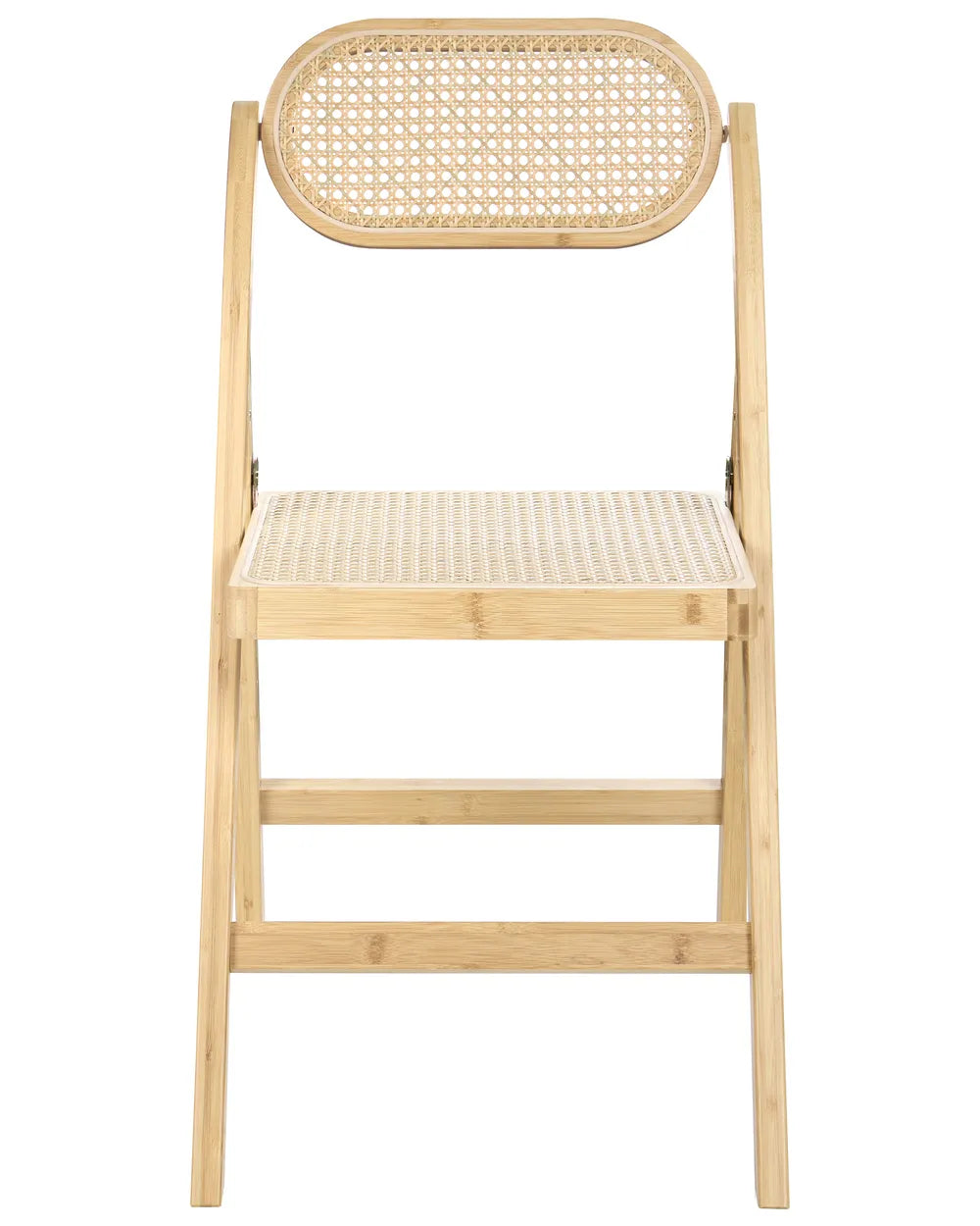 Elegant folding dining chair crafted from natural bamboo with handwoven rattan cane detailing on both the backrest and seat. The lightweight yet sturdy design combines organic textures with a minimalist silhouette, offering a versatile seating solution that can be easily folded and stored when not in use.