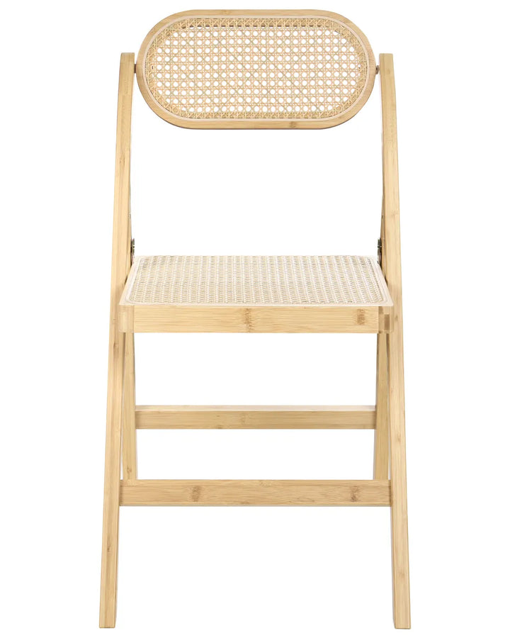 Elegant folding dining chair crafted from natural bamboo with handwoven rattan cane detailing on both the backrest and seat. The lightweight yet sturdy design combines organic textures with a minimalist silhouette, offering a versatile seating solution that can be easily folded and stored when not in use.