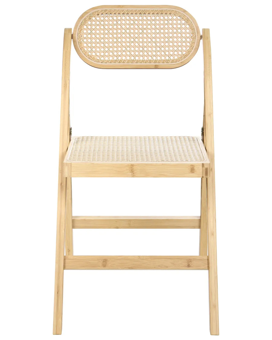 Elegant folding dining chair crafted from natural bamboo with handwoven rattan cane detailing on both the backrest and seat. The lightweight yet sturdy design combines organic textures with a minimalist silhouette, offering a versatile seating solution that can be easily folded and stored when not in use.
