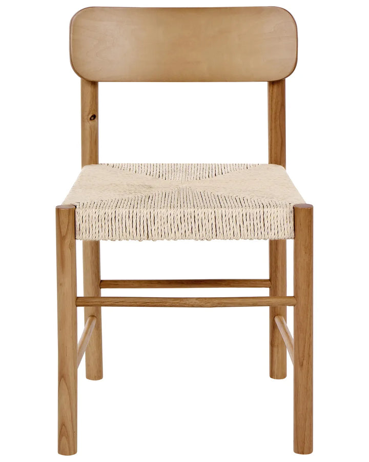 Natural wood dining chair with a handwoven rope seat, clean straight lines, and a minimalist curved backrest, offering a warm Scandinavian-inspired look with organic texture and craftsmanship.