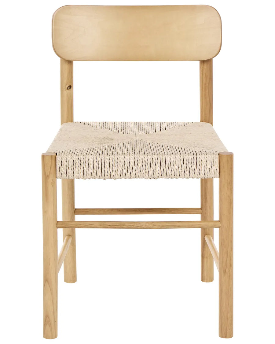 Minimalist wooden dining chair crafted in natural light wood with a handwoven rope seat, clean lines, and a simple curved backrest, blending Scandinavian and rustic design elements.