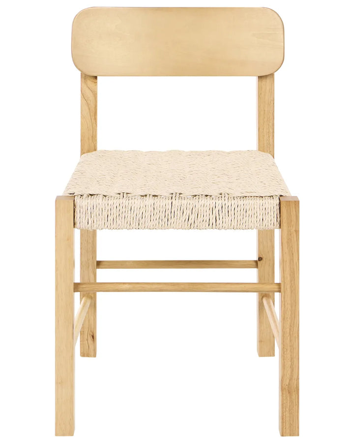 Light oak dining chair with a woven rope seat and clean-lined silhouette, blending natural materials and minimalist design for a warm, timeless, and Scandinavian-inspired aesthetic.