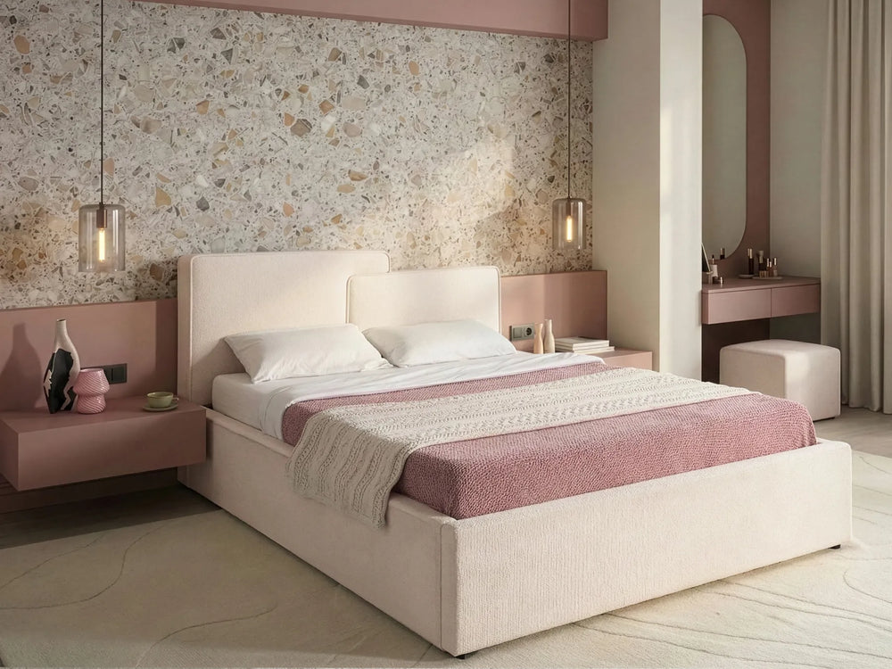 Modern bedroom with a bed, side tables, and decorative elements.