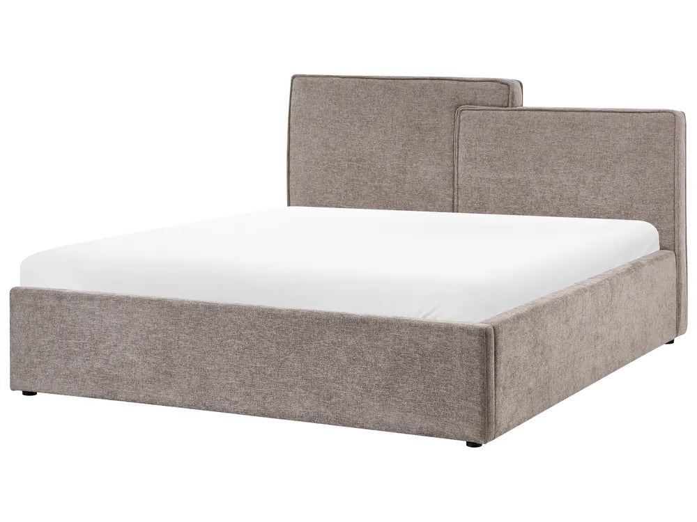 Gray upholstered bed with white mattress on a white background