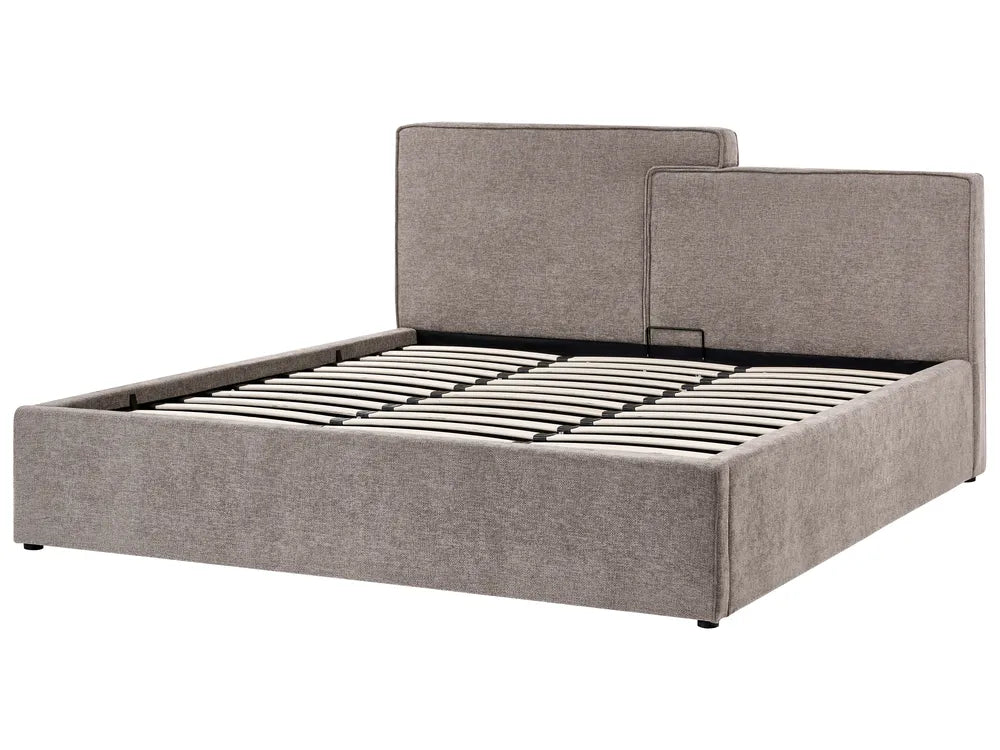 Gray upholstered bed with headboard on a white background