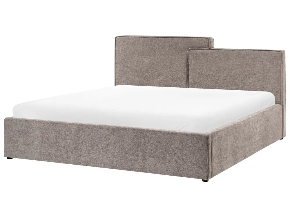 Gray upholstered bed with white mattress on a white background