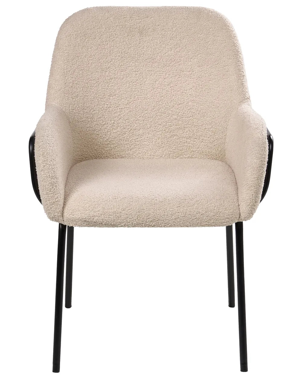 Light beige bouclé dining chair with a rounded upholstered backrest, padded seat with integrated armrests, and slim black metal legs.
