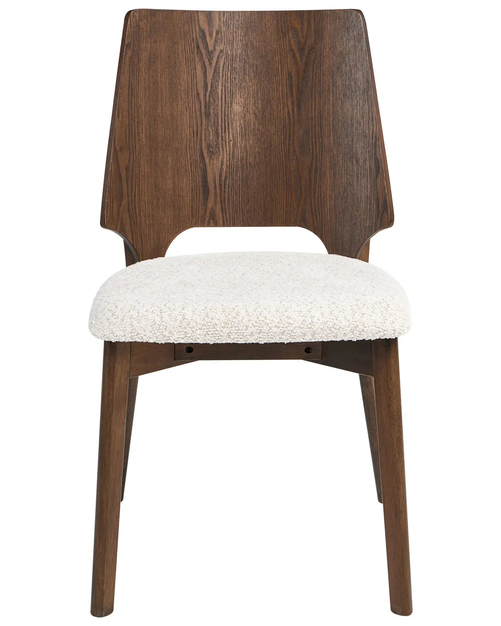 Modern upholstered dining chair with a striking dark wood veneer backrest, richly finished frame, and a plush bouclé-style seat in soft off-white. The sculptural silhouette and contrasting textures create a sophisticated statement piece that balances comfort, durability, and contemporary design.
