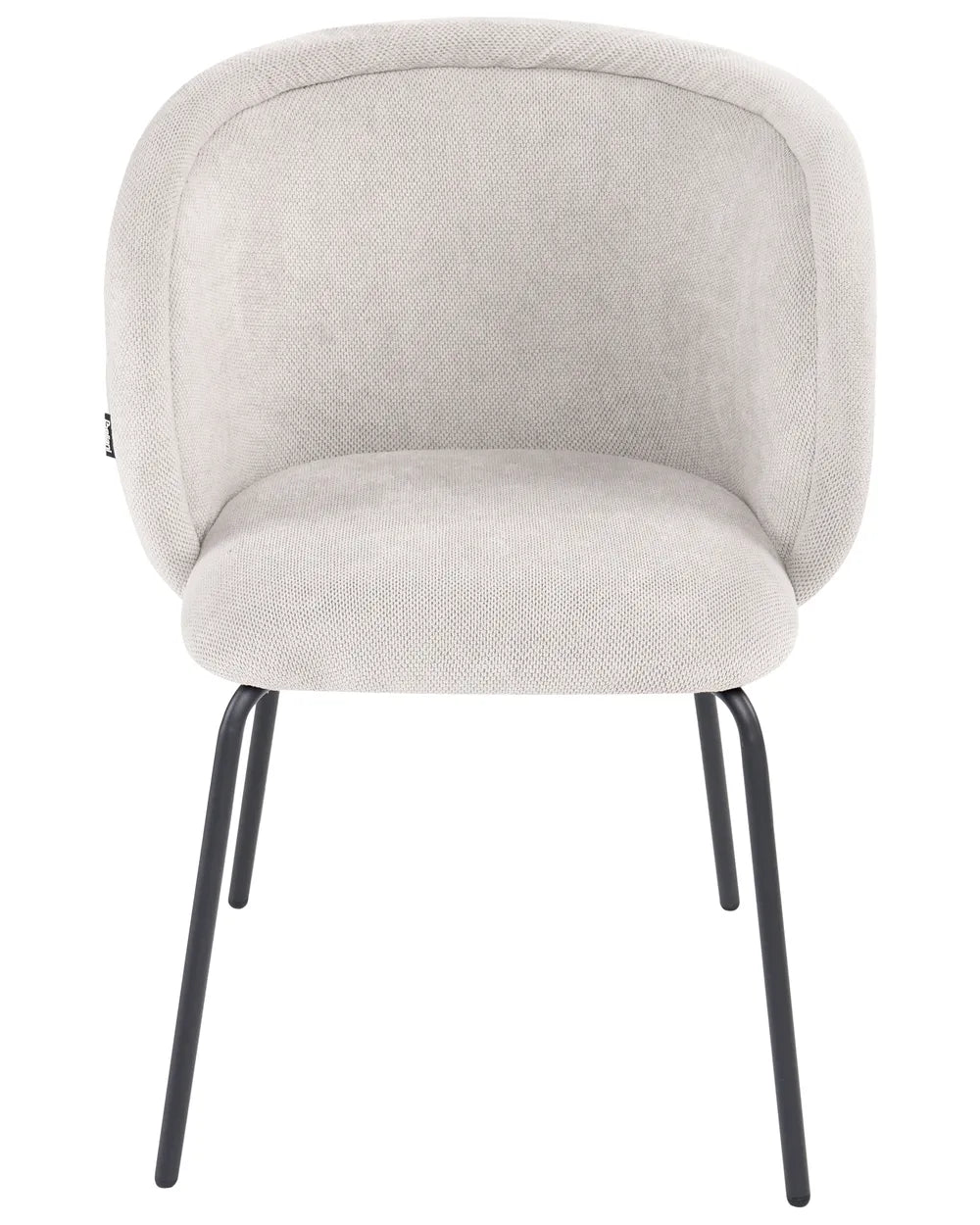 Cream upholstered dining chair with a curved wraparound back and sleek black metal legs.