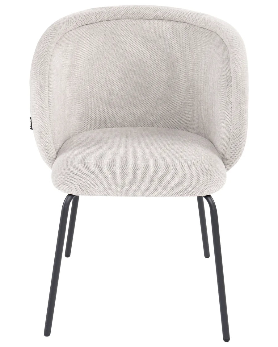 Cream upholstered dining chair with a curved wraparound back and sleek black metal legs.