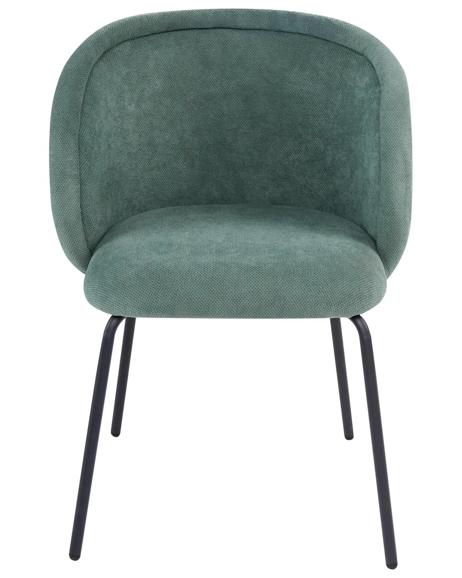 Green upholstered dining chair with a rounded wraparound back and black metal legs.