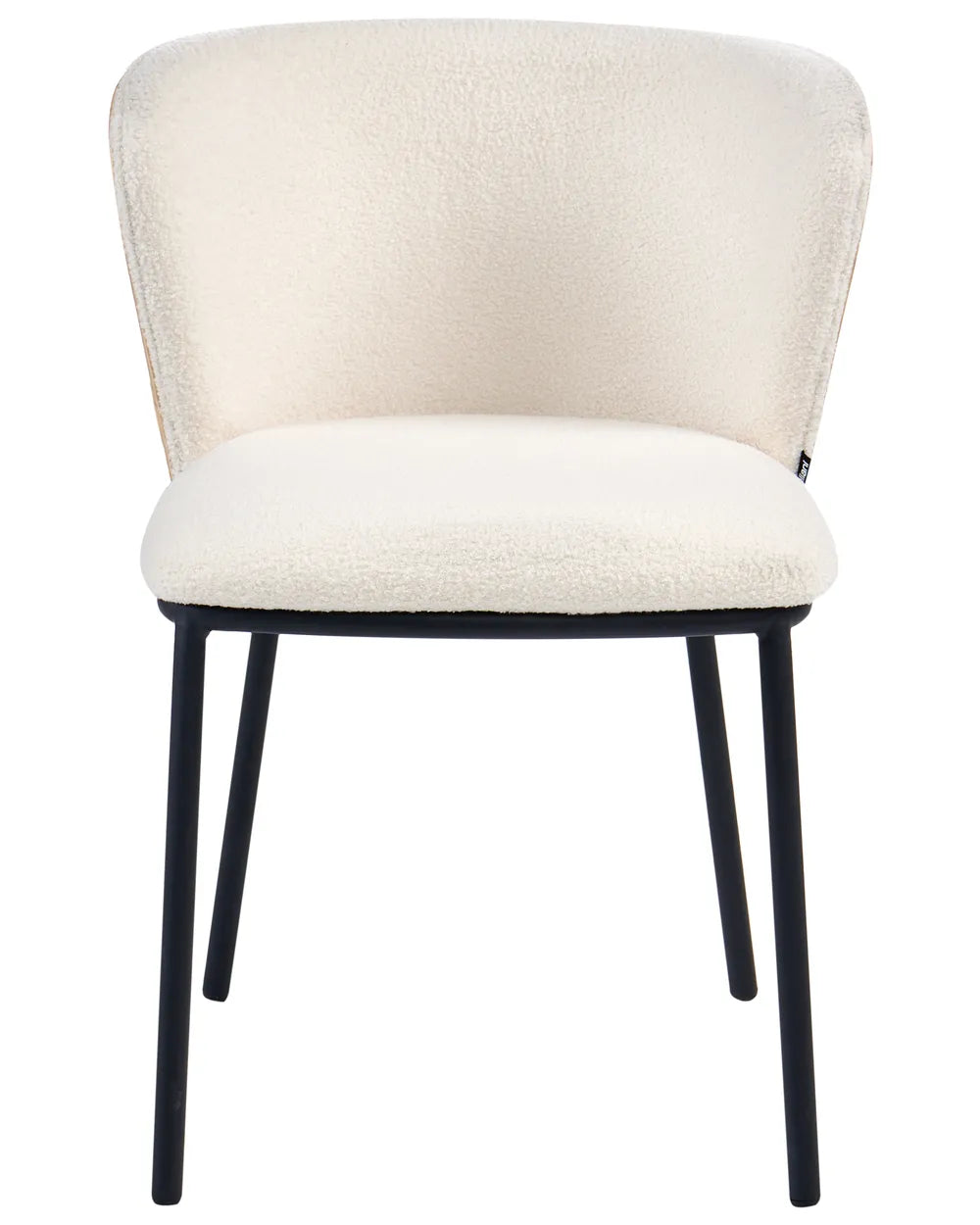 Modern dining chair upholstered in soft off-white boucle fabric, featuring a curved wraparound backrest, padded seat, and sleek black metal legs.