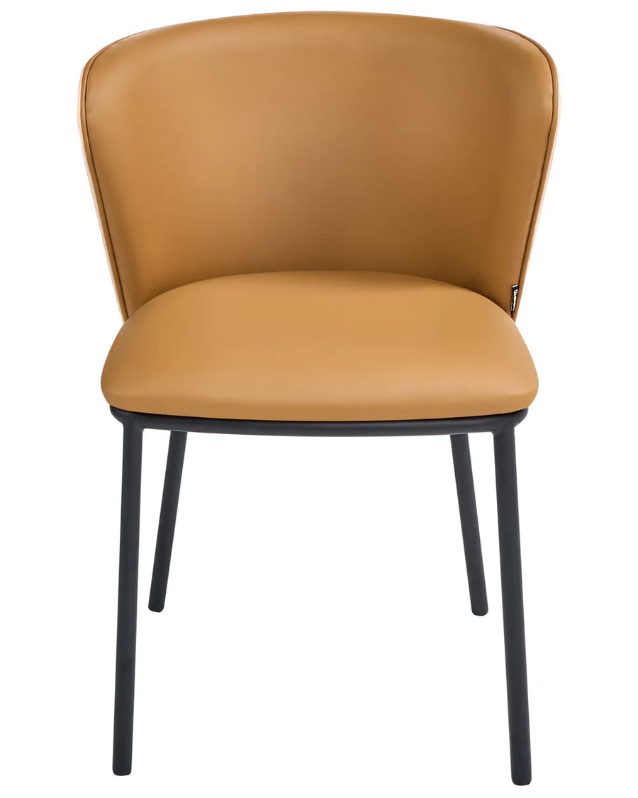 Contemporary dining chair upholstered in warm camel faux leather, featuring a gently curved backrest, cushioned seat, and slim black metal legs for a clean modern look.