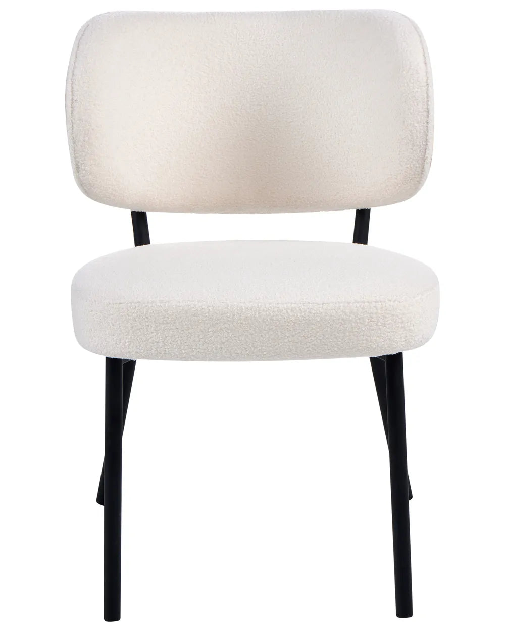 Modern dining chair upholstered in soft off-white boucle fabric, featuring a curved backrest, padded seat, and sleek black metal legs.