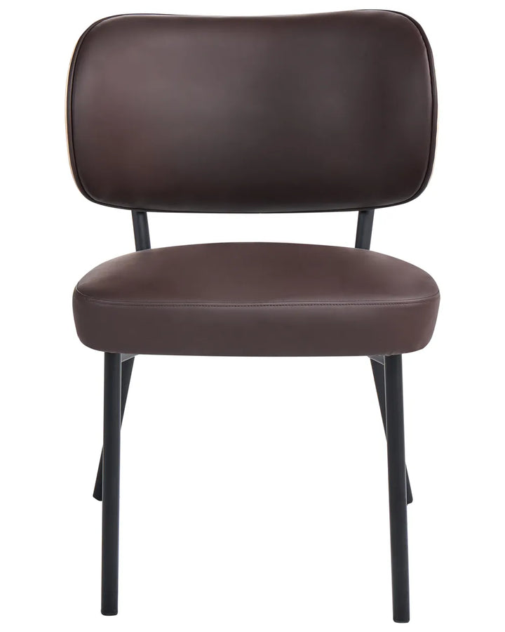 Contemporary dining chair upholstered in dark brown faux leather, featuring a padded seat, curved backrest, and sturdy black metal legs.