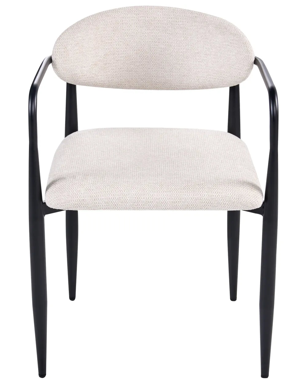 Cream upholstered dining chair with a rounded back, padded seat, and black metal frame.