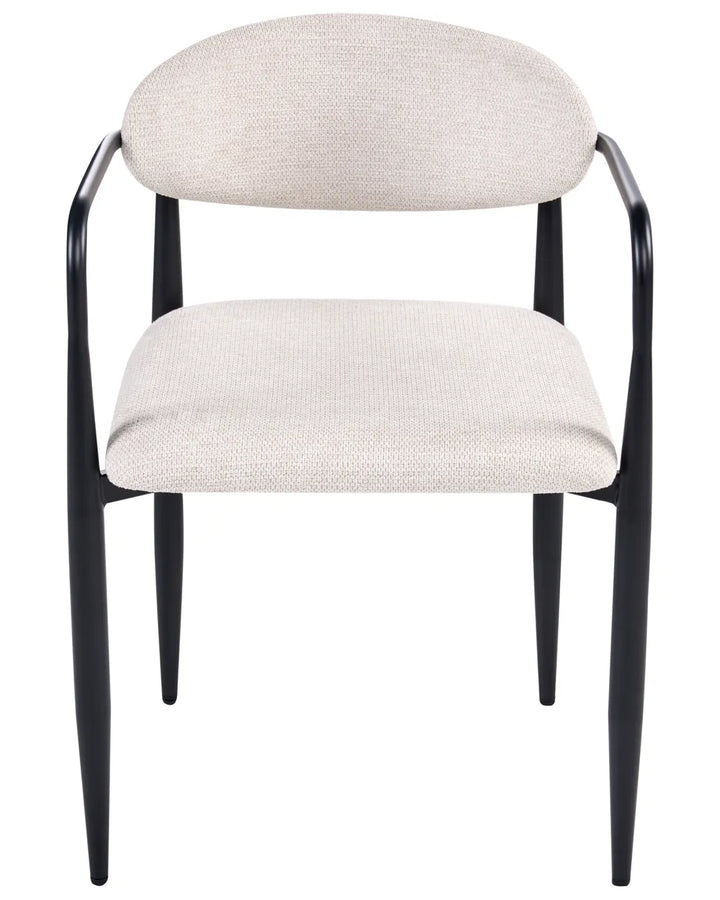 Cream upholstered dining chair with a rounded back, padded seat, and black metal frame.