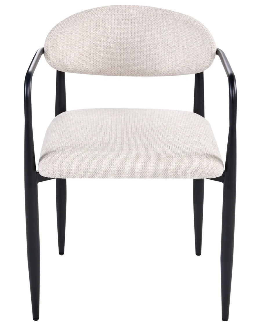 Cream upholstered dining chair with a rounded back, padded seat, and black metal frame.