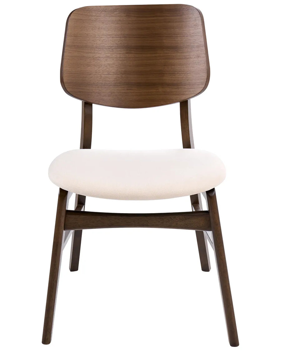 Wooden dining chair with a curved walnut-finish backrest, cream upholstered seat, and solid wood frame.
