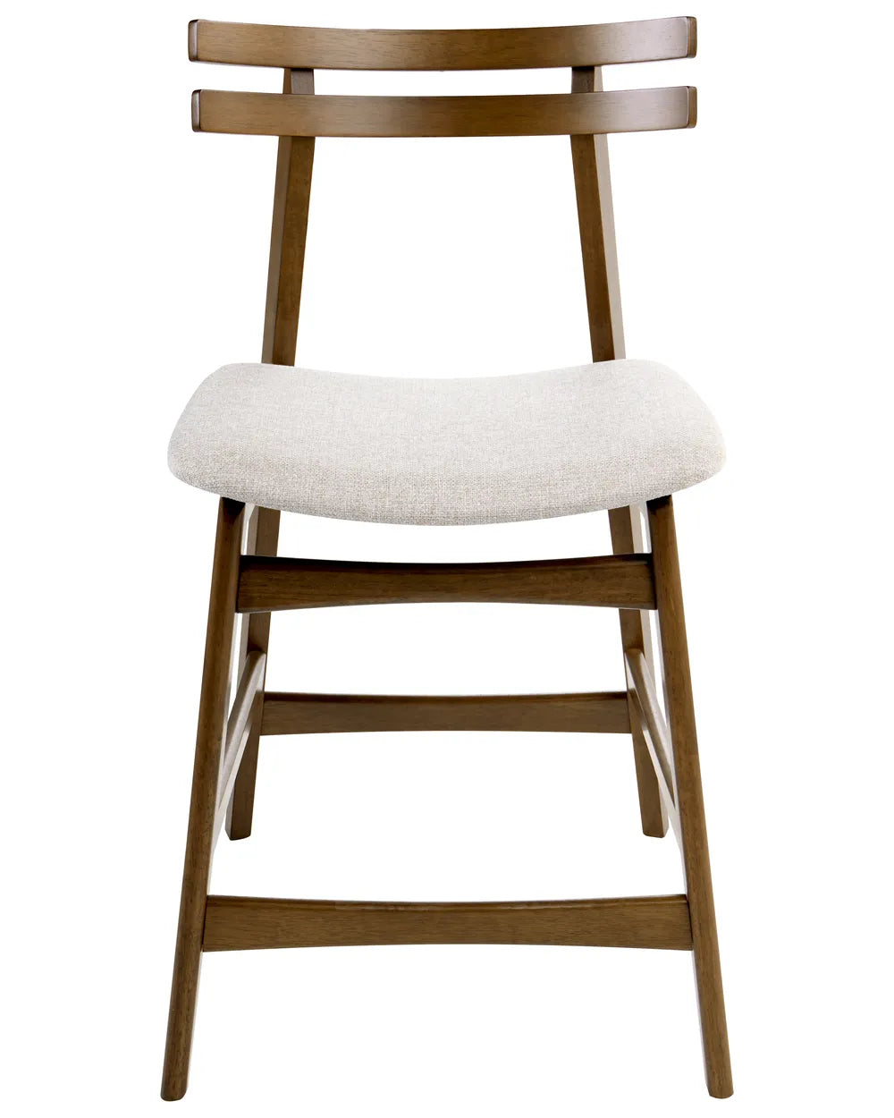 Stylish bar chair with a rich walnut-effect frame, signature double-slat backrest, and a curved upholstered seat in a soft beige fabric. Combining Scandinavian-inspired design with practical comfort, it offers a refined look for kitchen islands, breakfast bars, and contemporary dining spaces.