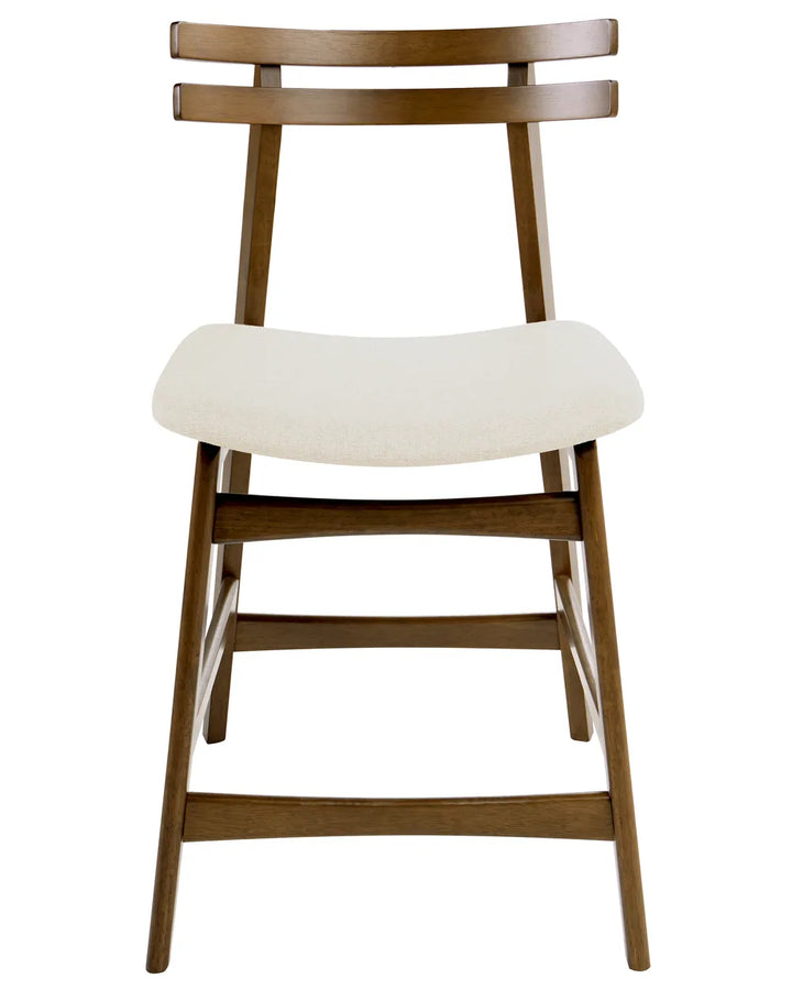Modern bar chair featuring a warm walnut-effect frame, distinctive double-slat backrest, and a generously padded cream upholstered seat. The elevated silhouette blends Scandinavian simplicity with everyday comfort, making it a stylish addition to kitchen islands and breakfast bars.