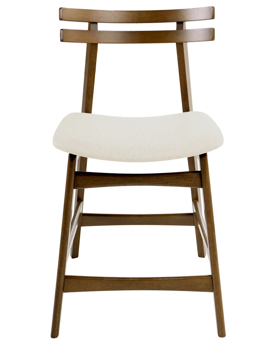 Modern bar chair featuring a warm walnut-effect frame, distinctive double-slat backrest, and a generously padded cream upholstered seat. The elevated silhouette blends Scandinavian simplicity with everyday comfort, making it a stylish addition to kitchen islands and breakfast bars.