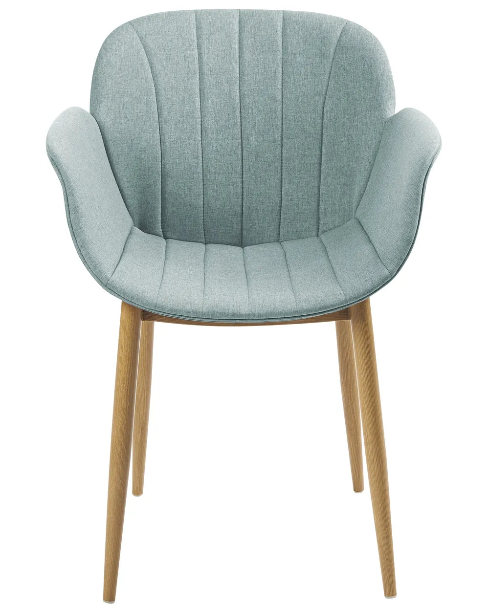 Light blue upholstered dining chair with wooden legs.