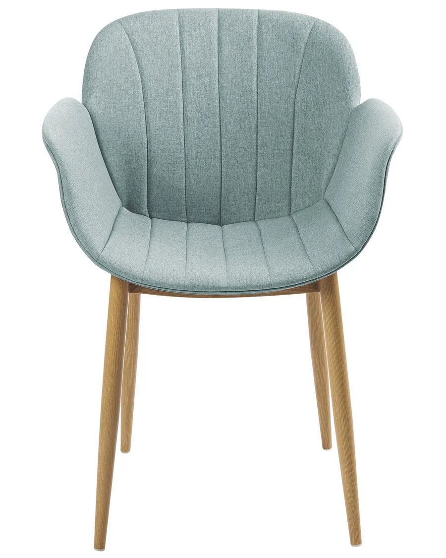 Light blue upholstered dining chair with wooden legs.