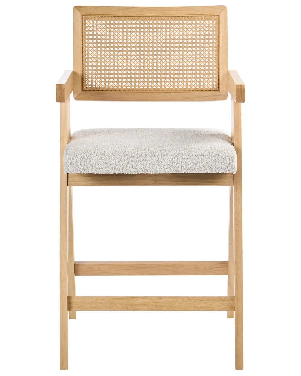 Light wood bar chair with woven cane backrest and cream upholstered seat on a white background.