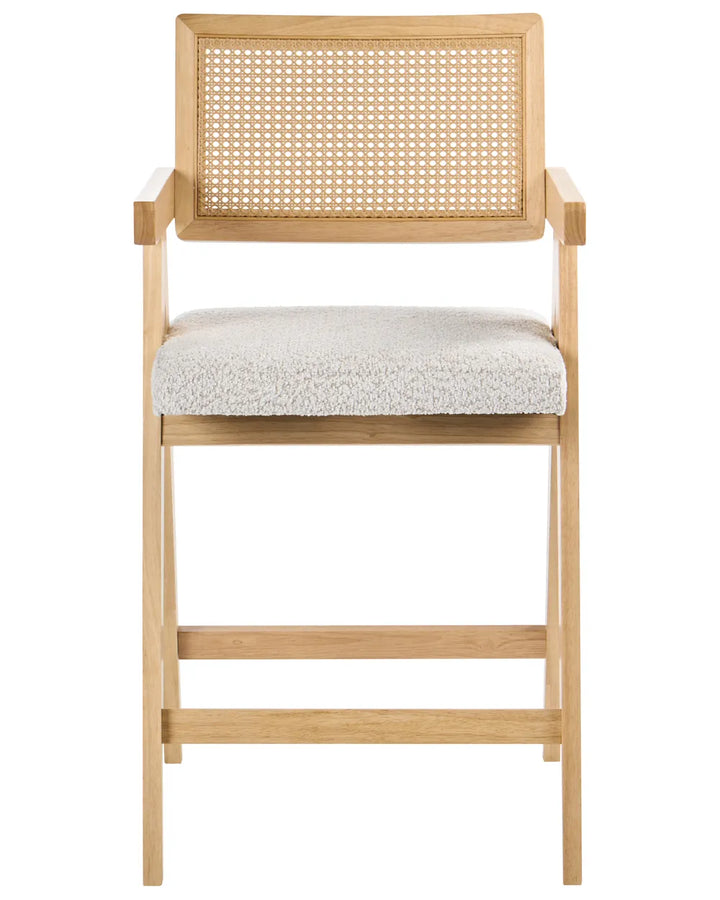 Light wood bar chair with woven cane backrest and cream upholstered seat on a white background.