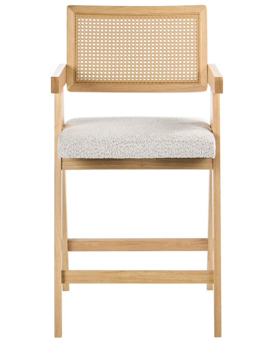 Light wood bar chair with woven cane backrest and cream upholstered seat on a white background.