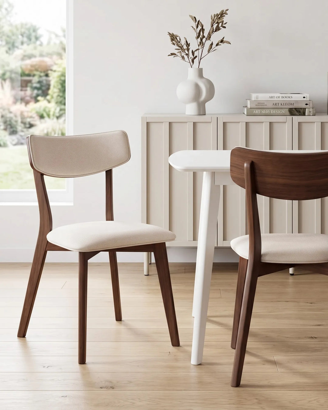 Dark wood dining chairs styled around a minimalist table create a calm, contemporary dining space with soft neutral tones, clean lines, and an inviting elevated feel.