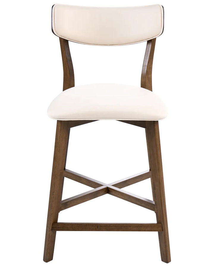 Elegant bar chair featuring a dark wood frame, softly curved upholstered backrest, and cushioned seat, combining comfort, warmth, and refined contemporary style.