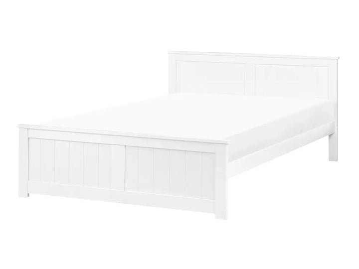 White pine wood bed frame with a white background.