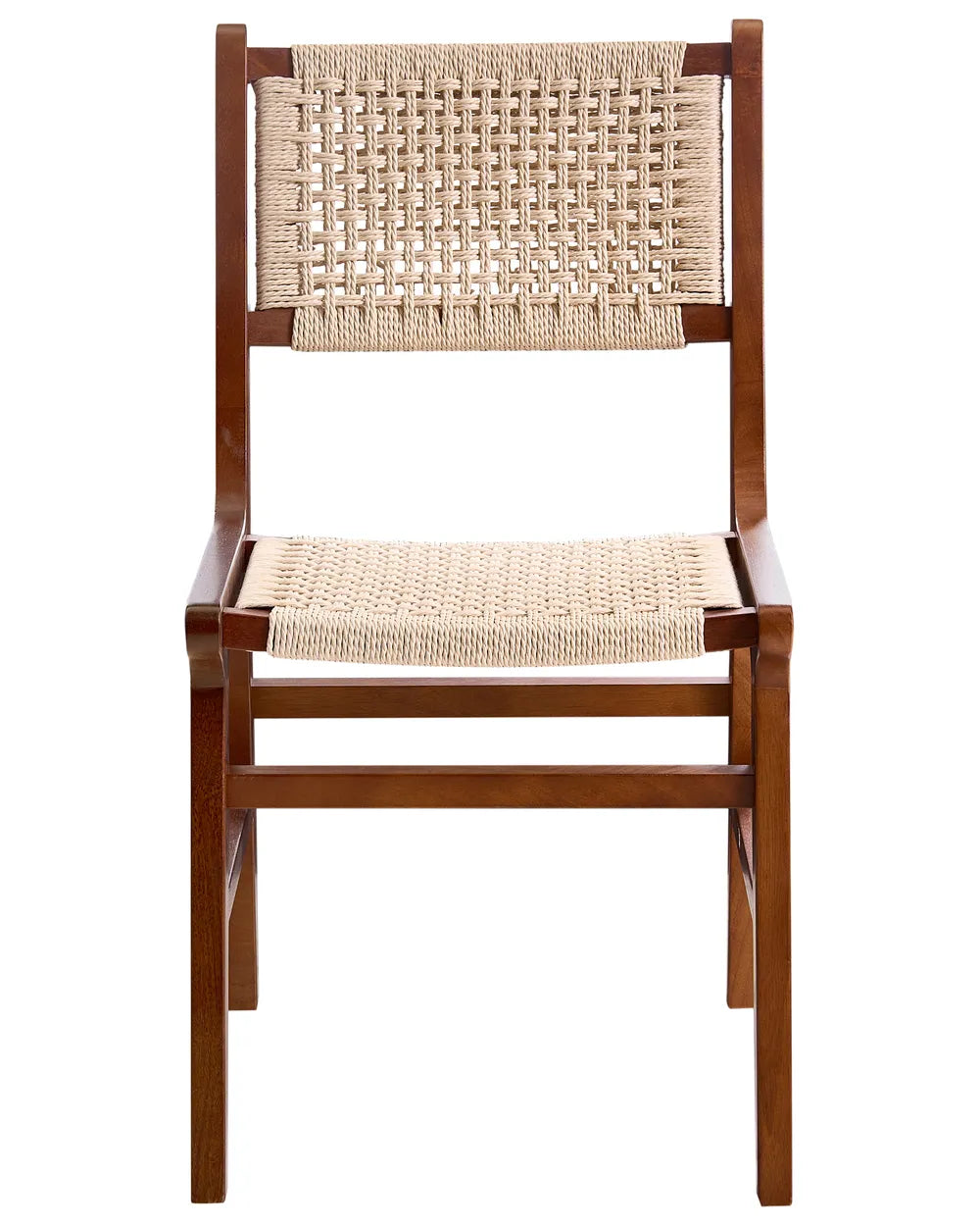 Dark wood dining chair with woven rope backrest and seat on a white background.
