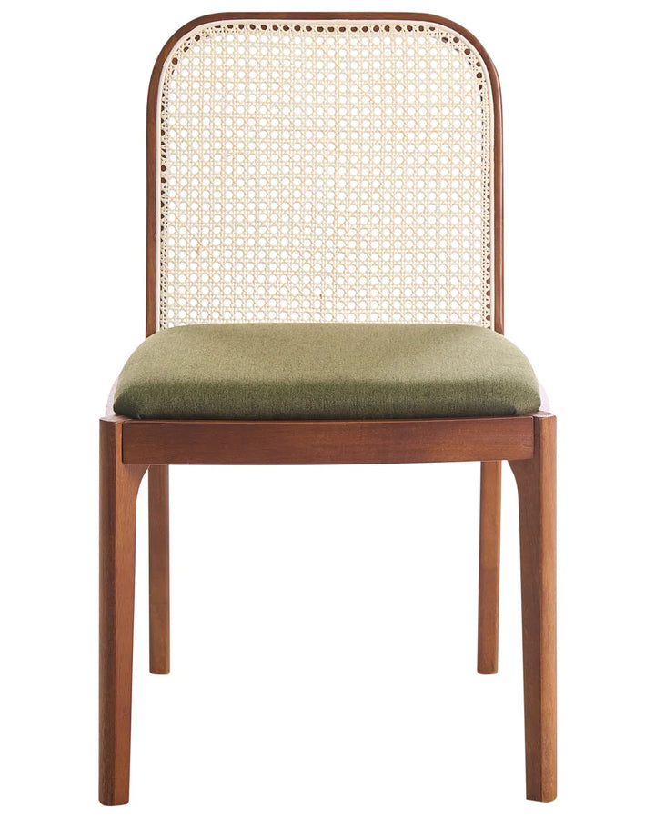Dining chair with a solid wood frame, woven rattan backrest, and olive-green upholstered seat, blending natural textures with mid-century style.