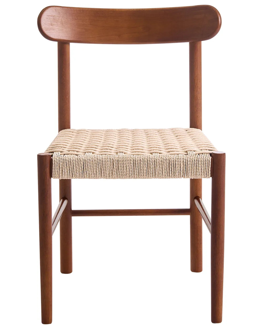 Dark walnut wood dining chair with a handwoven rope seat and softly curved backrest, combining timeless craftsmanship with warm, organic texture for a refined mid-century look.