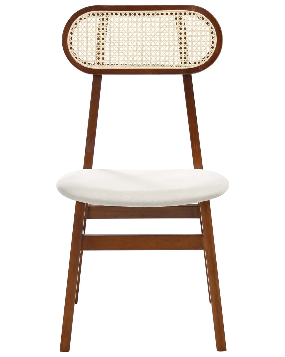 Dark walnut wood dining chair with an oval cane backrest, soft cream upholstered seat, and slim tapered legs, displayed against a clean white background.
