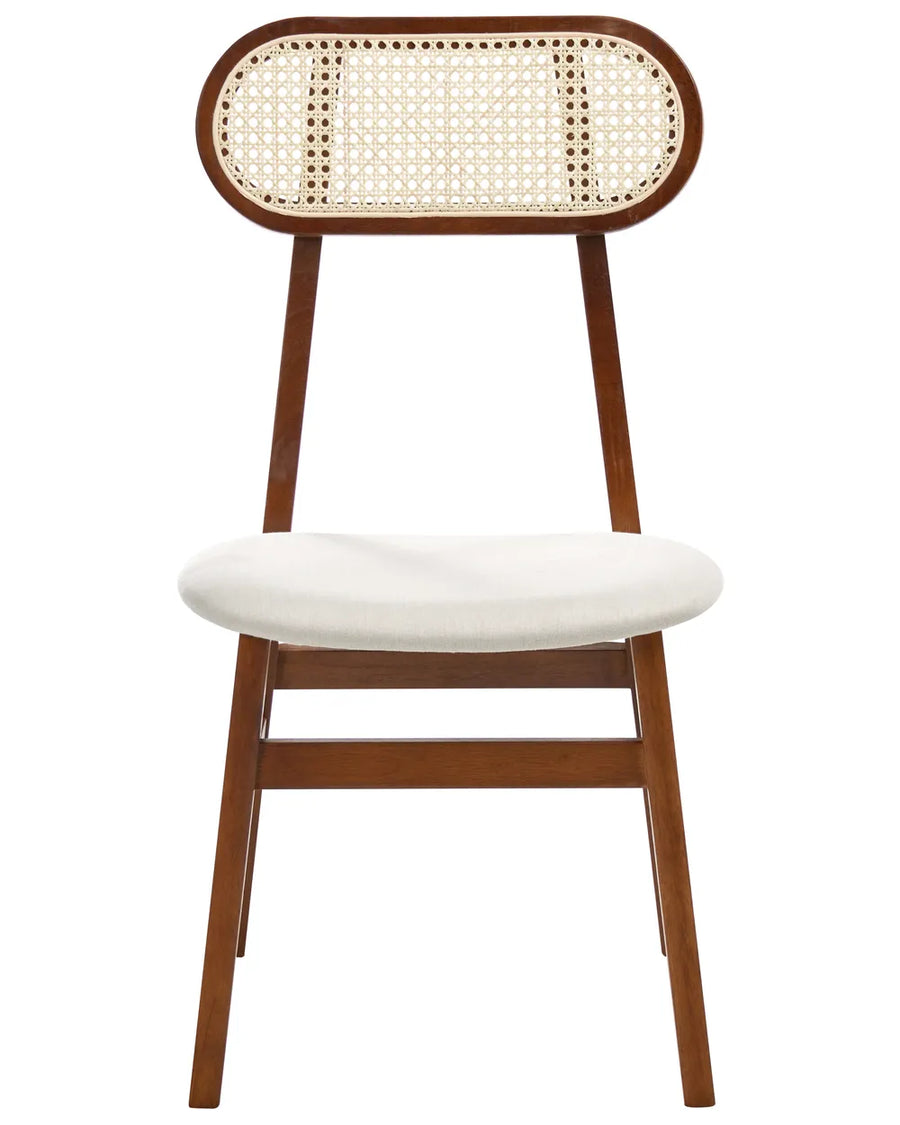 Dark walnut wood dining chair with an oval cane backrest, soft cream upholstered seat, and slim tapered legs, displayed against a clean white background.