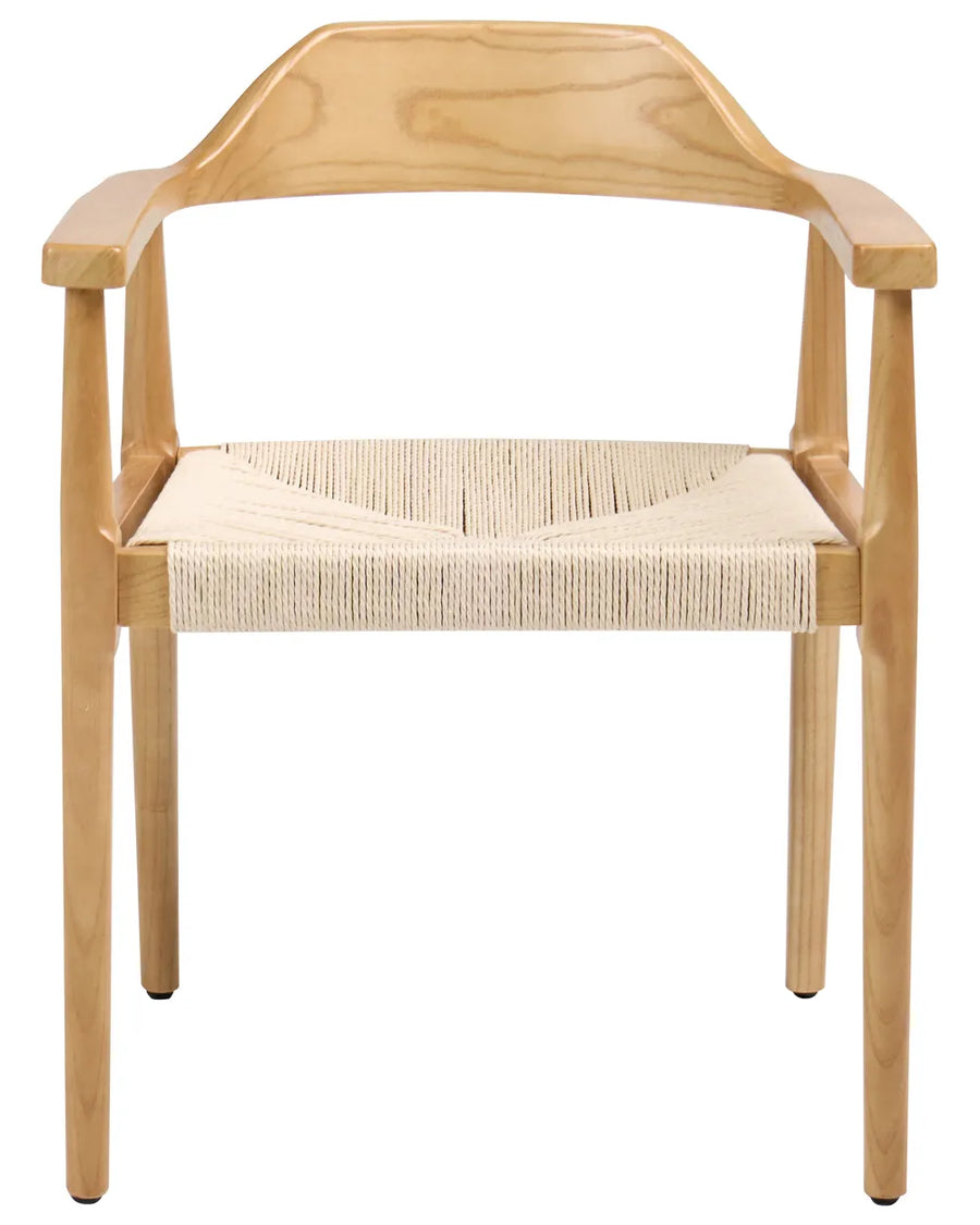 Light wood armchair with a sculpted curved backrest, integrated armrests, and a handwoven rope seat, shown on a clean white background.