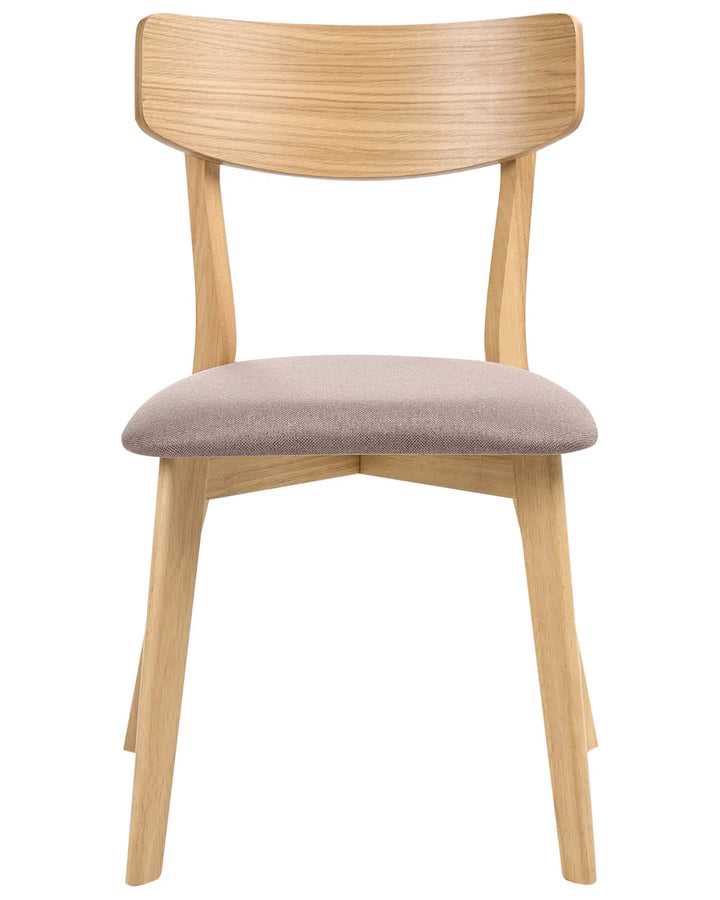 Light wood dining chair with curved wooden backrest and taupe upholstered seat on a white background.
