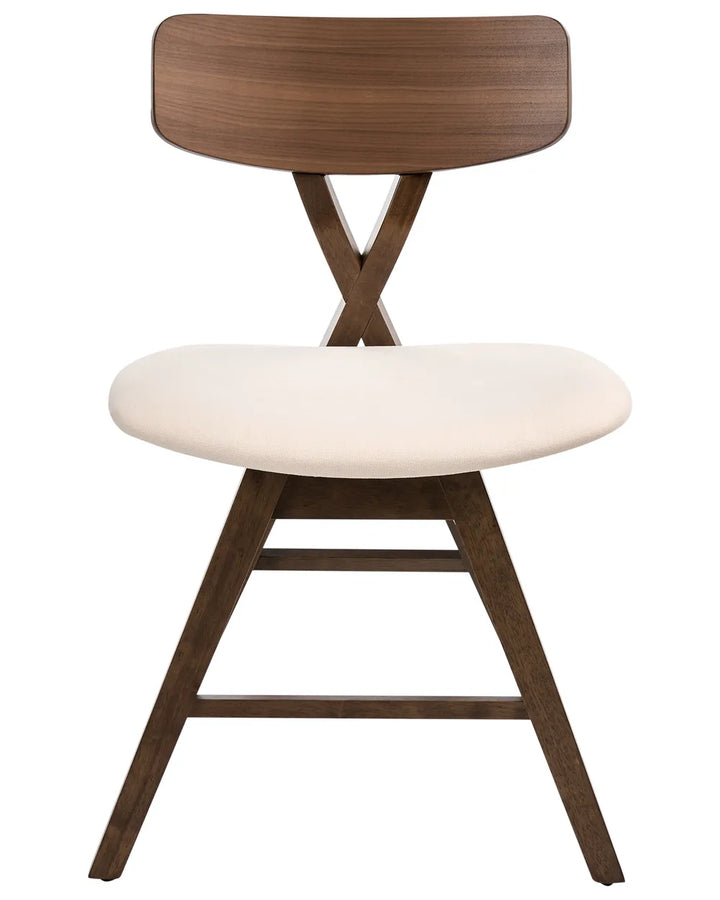 Modern dining chair with a sculptural crossed-back design, warm walnut wood finish, and softly upholstered cream seat, blending comfort and mid-century elegance for a refined dining experience.