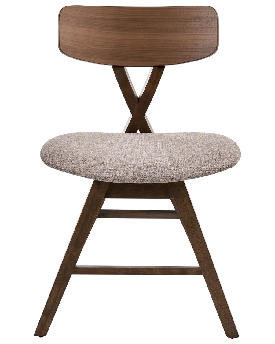 Elegant dining chair featuring a sculptural crossed-back walnut frame, soft taupe upholstered seat, and tapered legs, blending mid-century charm with modern comfort for a refined dining space.