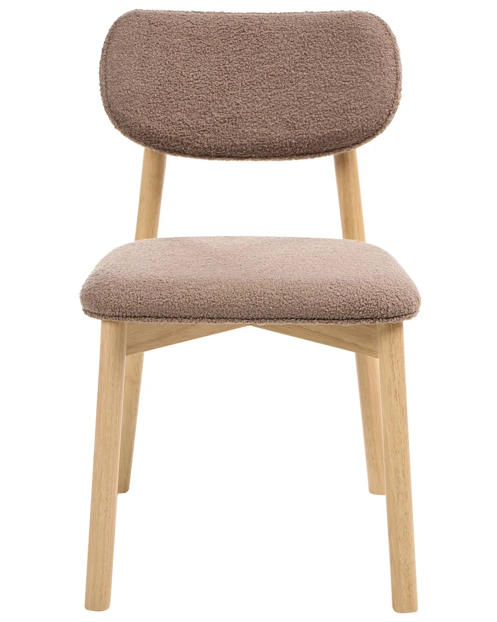 Bouclé dining chair with a rounded backrest, padded seat, and natural wood legs, offering a soft and contemporary look.