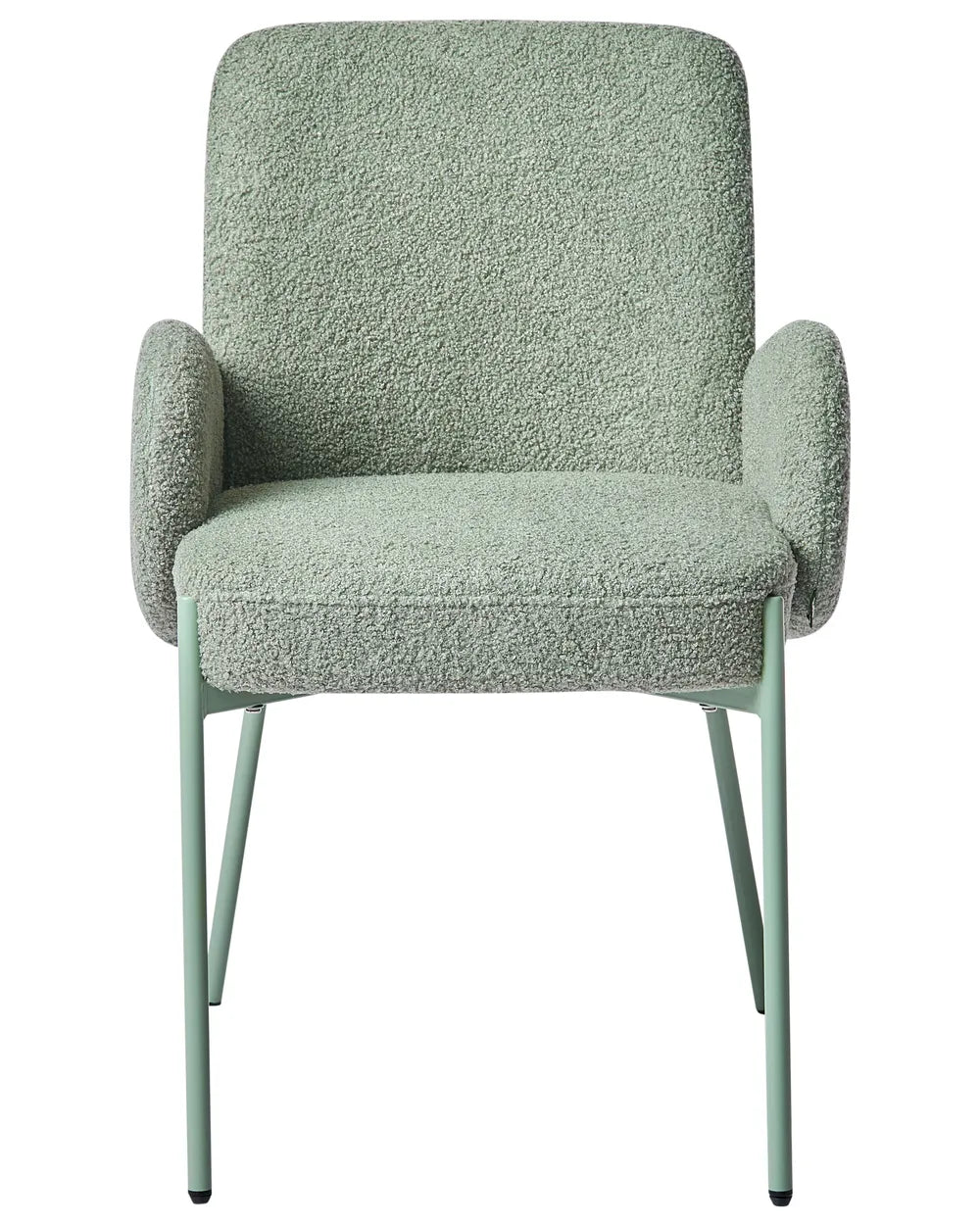 Sage-green bouclé dining chair with rounded armrests, cushioned seat, and matching metal legs.