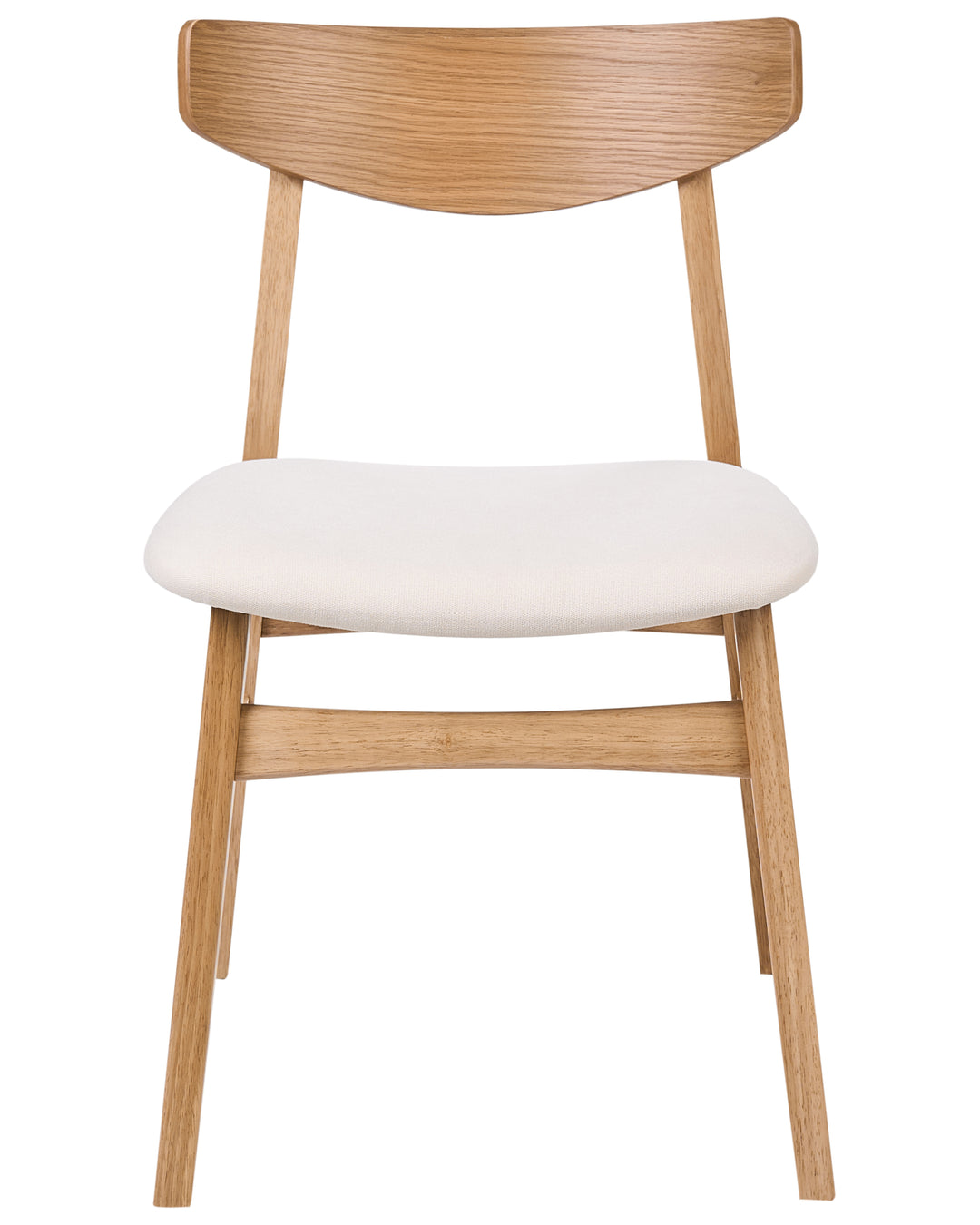 Modern dining chair with a natural oak-look wooden frame, gently curved backrest, and soft cream upholstered seat cushion, photographed on a clean neutral background.