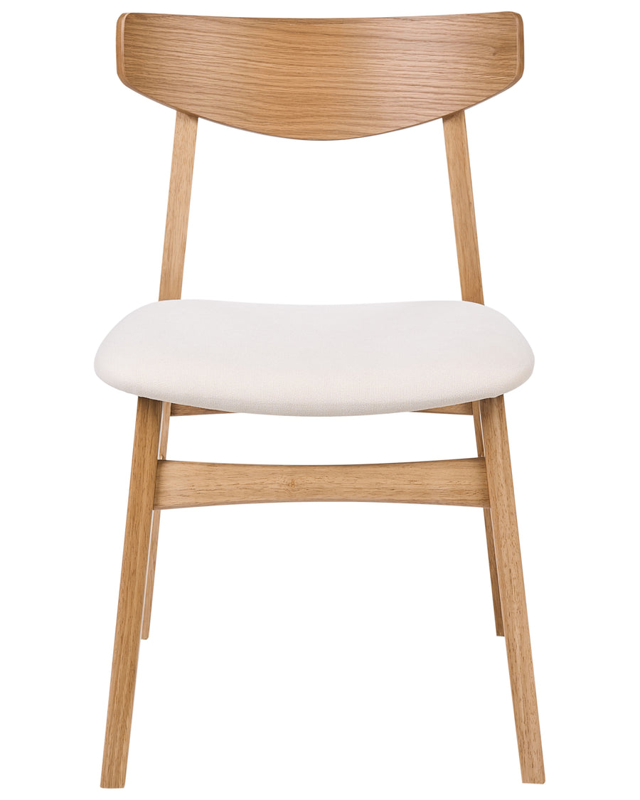 Modern dining chair with a natural oak-look wooden frame, gently curved backrest, and soft cream upholstered seat cushion, photographed on a clean neutral background.